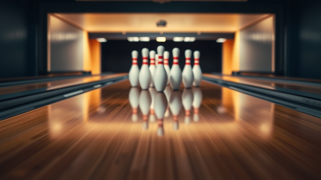 볼링 레인과 10개의 핀이 정삼각형 형태로 배열되어 있는 장면