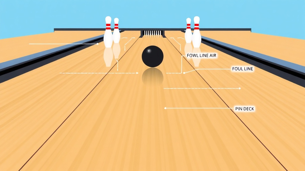 볼링 레인 전체의 조감도로 파울라인부터 핀 배치 구역까지 각 구간의 명칭이 표시된 그림